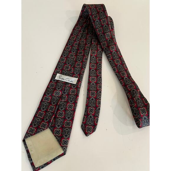 Vintage Pierre Cardin Men's Silk Neck Tie Red Silver Geometric JL - Picture 3 of 7